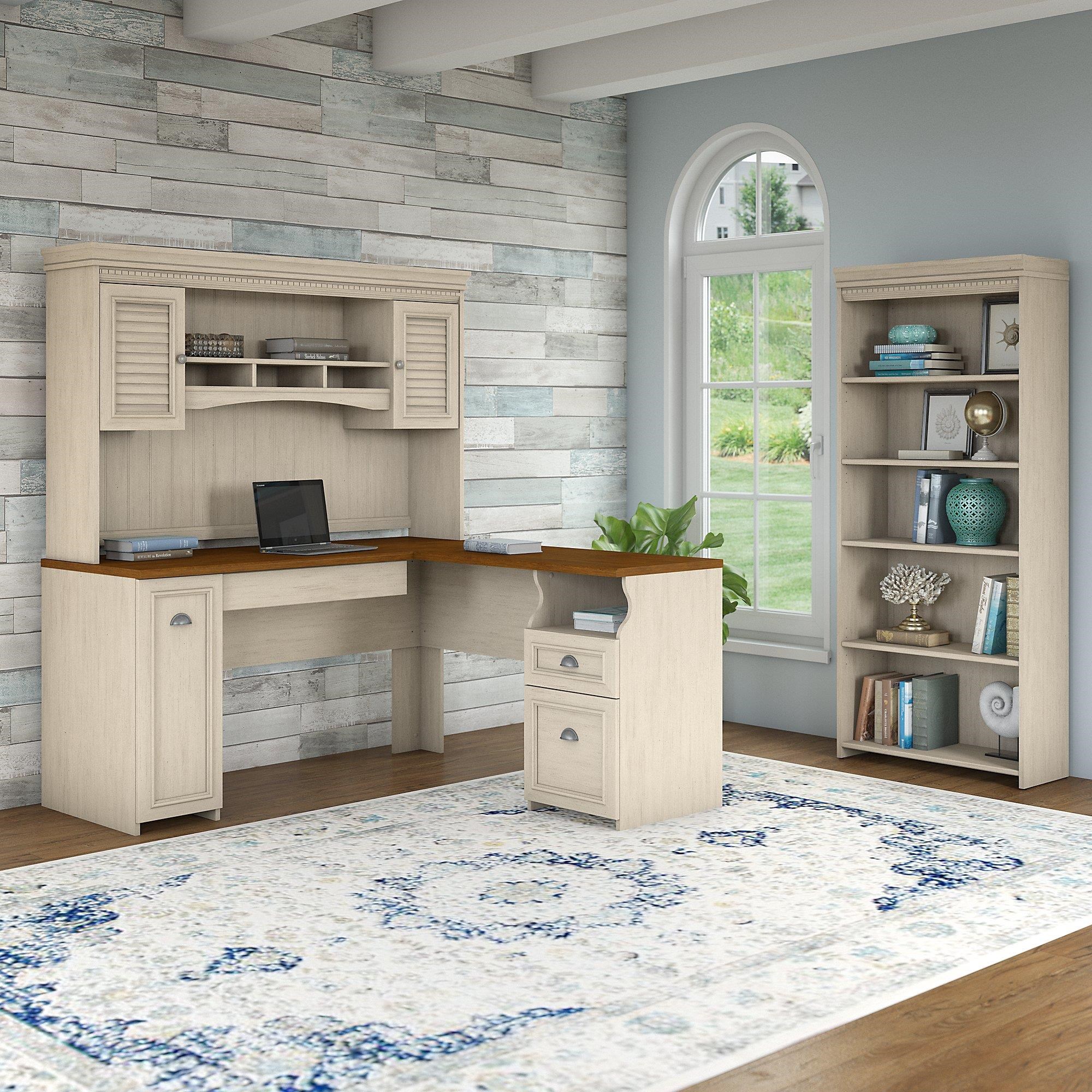 L shaped desk with store hutch and bookcase